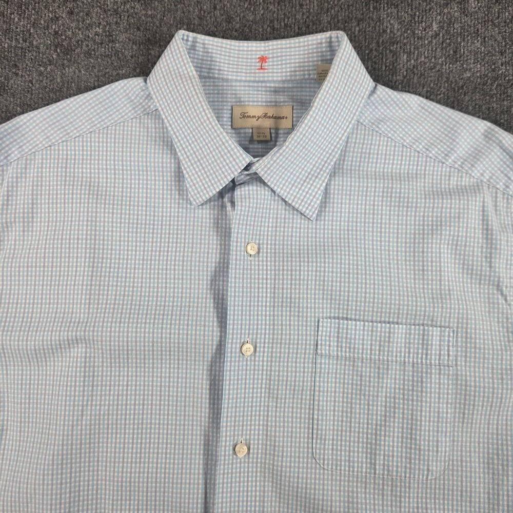 Tommy Bahama Shirt Mens 17.5 32/33 Blue White‎ Micro-Check Button-Down Cotton